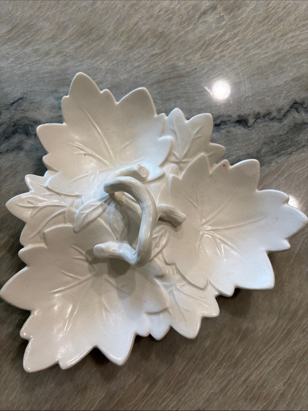 White Leaf-Shaped Ceramic Serving Dish marked currant leaf